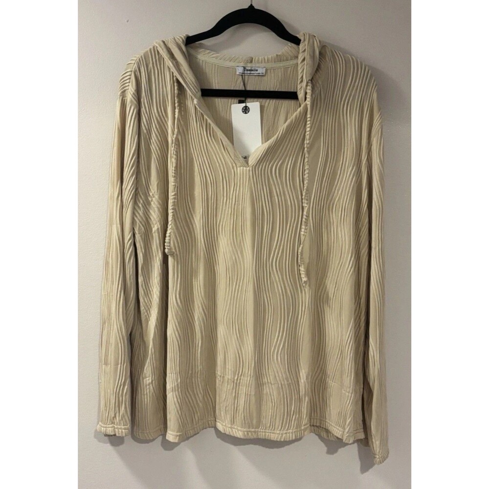 Youtalia Beige Ribbed Knit Hoodie Womens XXL Long Sleeve V Neck Stretch